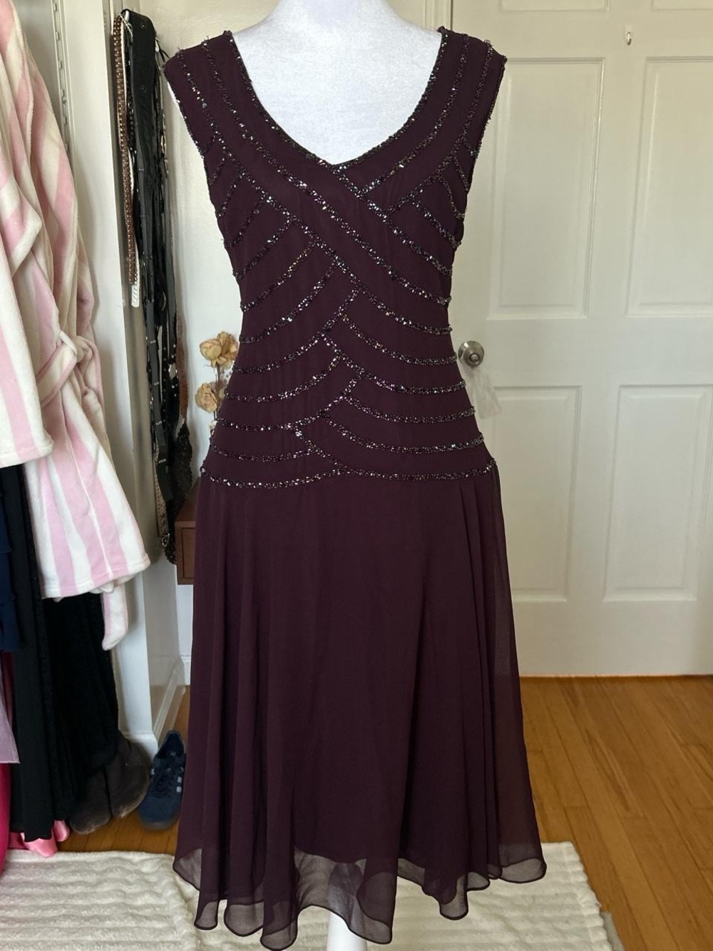 Sleeveless Beaded A-Line Dress in Deep Plum